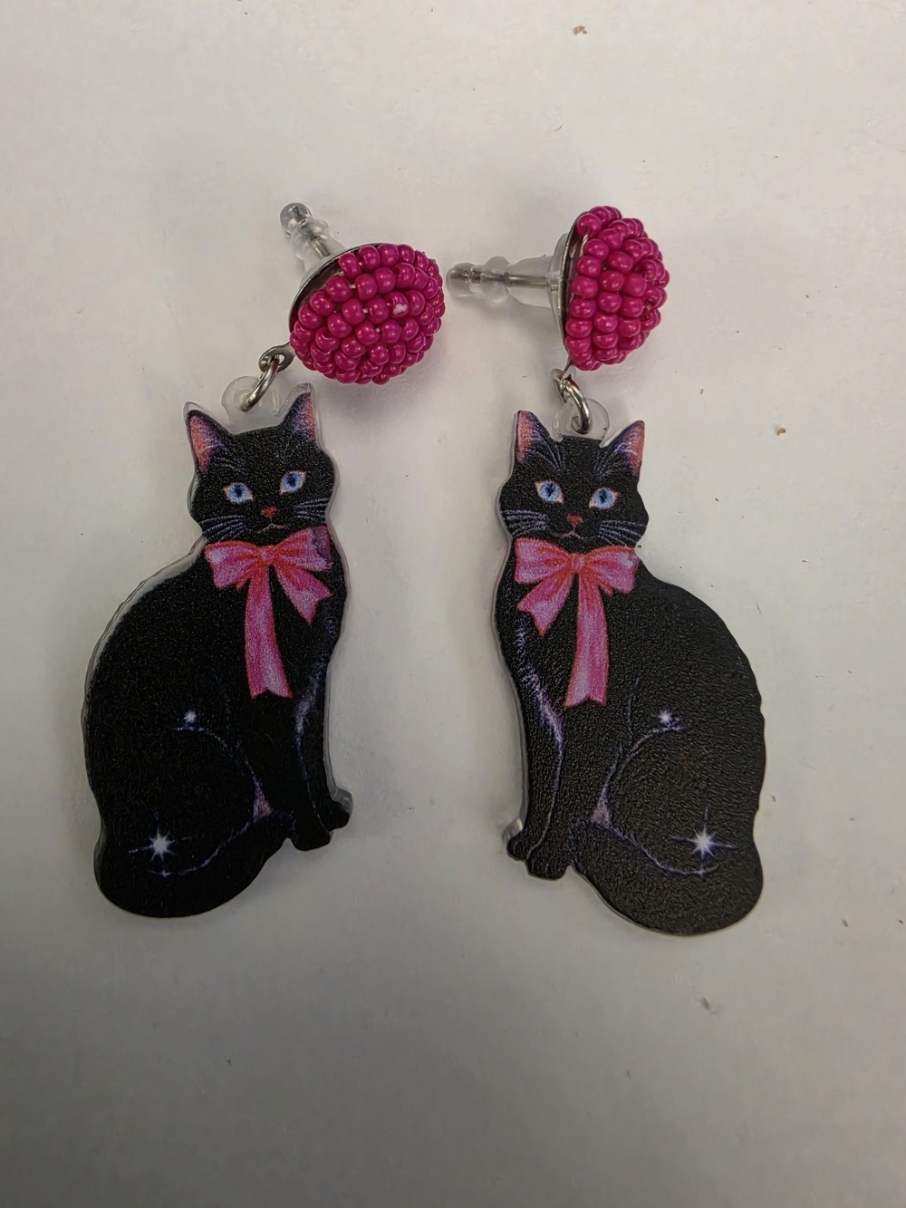 Fashion Jewelry Black Cat Drop Earrings with Pink Accents